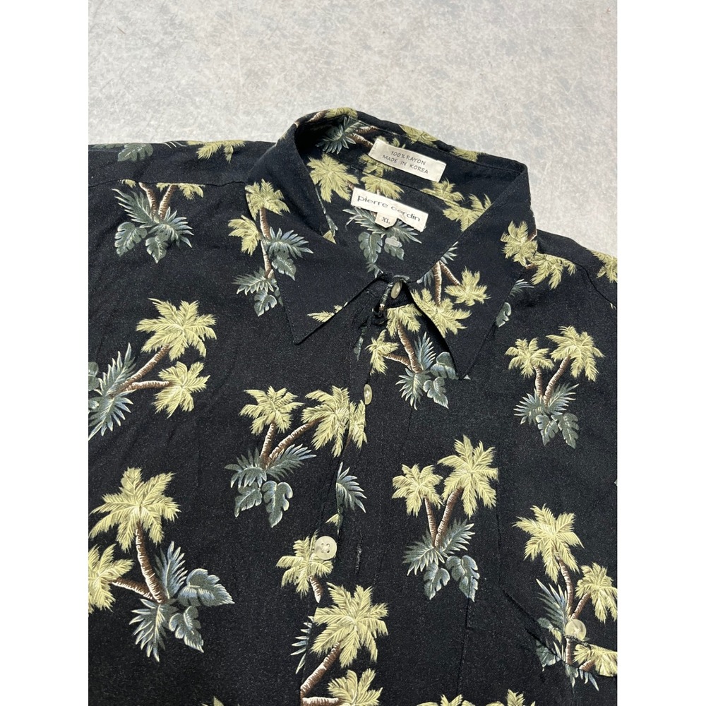 Pierre Cardin Mens XL Black Rayon Palm Tree Tropical Hawaiian Shirt Short Sleeve